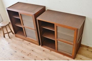 アンティーク家具　☆前面欅!モールガラス二段重ね食器棚(収納棚)