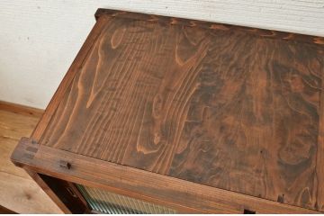 アンティーク家具　☆前面欅!モールガラス二段重ね食器棚(収納棚)