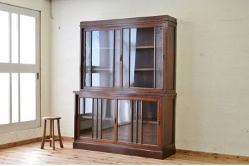 アンティーク家具　◇古いナラ材の上質な結霜ガラスアンティーク食器棚(収納棚)