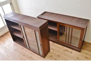 アンティーク家具　◇古いナラ材の上質な結霜ガラスアンティーク食器棚(収納棚)