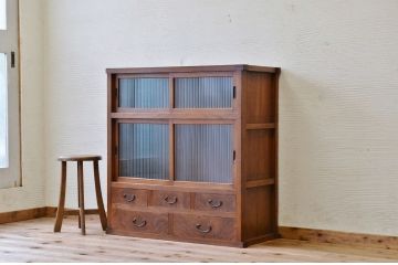アンティーク家具　前面欅!モールガラスアンティーク収納棚(食器棚)