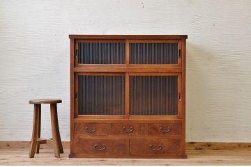 アンティーク家具　前面欅!モールガラスアンティーク収納棚(食器棚)
