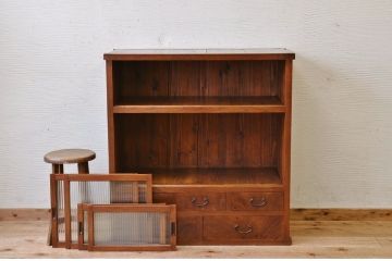 アンティーク家具　前面欅!モールガラスアンティーク収納棚(食器棚)