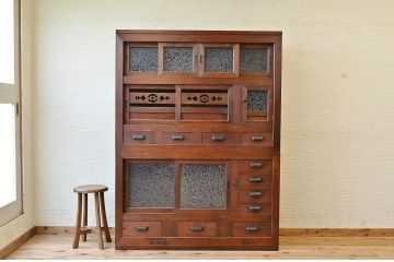 アンティーク家具　古民具　骨董　極上結霜ガラス二段重ね水屋箪笥(食器棚)