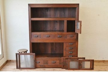 アンティーク家具　古民具　骨董　極上結霜ガラス二段重ね水屋箪笥(食器棚)