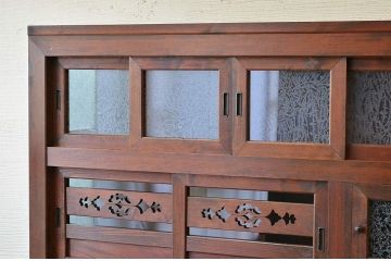 アンティーク家具　古民具　骨董　極上結霜ガラス二段重ね水屋箪笥(食器棚)
