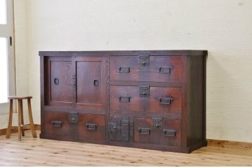 アンティーク家具　古民具　骨董　前面欅!味のある大帳場箪笥(水屋箪笥)