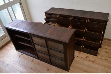 アンティーク家具　明治〜大正　二段重ね引き出し収納棚(薬箪笥)