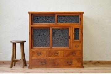 アンティーク家具　前面欅!上質な結霜ガラス収納棚(食器棚)