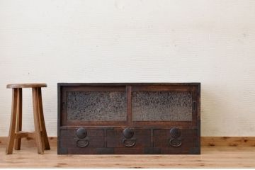 アンティーク家具　古民具　骨董　引き出し付き結霜ガラスローボード