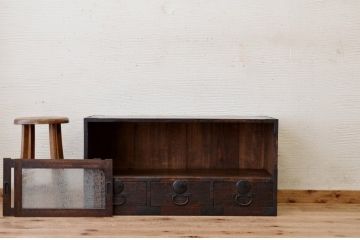 アンティーク家具　古民具　骨董　引き出し付き結霜ガラスローボード