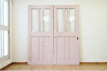 古い学校のペイントガラス戸2枚セット
