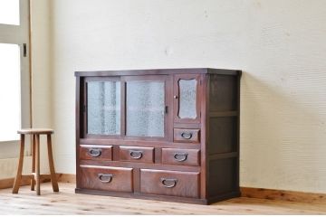 極上美品!古い欅材の結霜ガラス収納棚(食器棚)