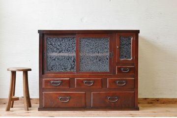 極上美品!古い欅材の結霜ガラス収納棚(食器棚)
