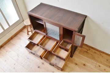 極上美品!古い欅材の結霜ガラス収納棚(食器棚)