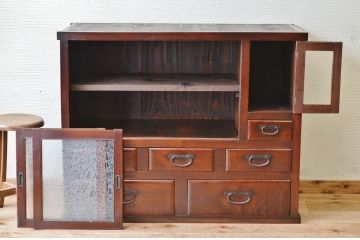 極上美品!古い欅材の結霜ガラス収納棚(食器棚)