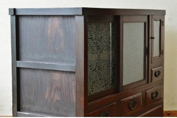 極上美品!古い欅材の結霜ガラス収納棚(食器棚)