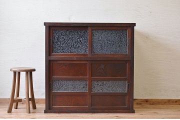 アンティーク家具　前面欅!結霜ガラスアンティーク収納棚(食器棚)