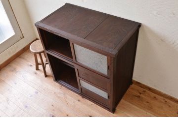 アンティーク家具　前面欅!結霜ガラスアンティーク収納棚(食器棚)
