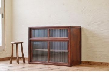 アンティーク家具　前面欅!シンプルなモールガラス収納棚(食器棚)