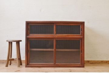 アンティーク家具　前面欅!シンプルなモールガラス収納棚(食器棚)