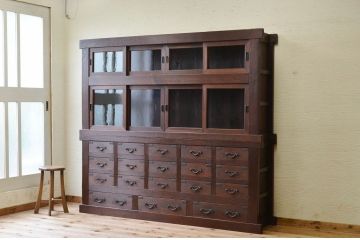アンティーク家具　明治時代　近江　二段重ね引き出し収納棚(薬箪笥)