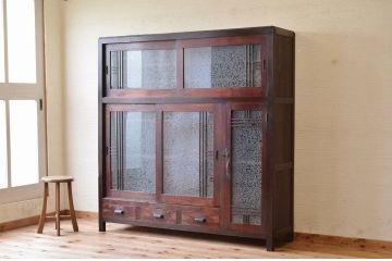 アンティーク家具　特大!結霜ガラスアンティーク下駄箱(収納棚)