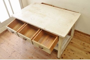 アンティーク家具　白いペイントの両面引き出しアンティーク作業台