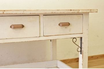 アンティーク家具　白いペイントの両面引き出しアンティーク作業台