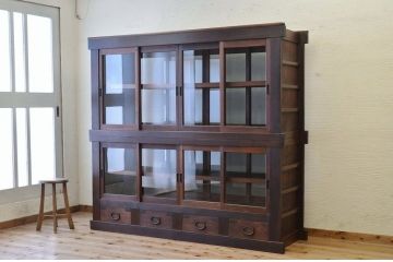 アンティーク家具　希少!古い商家の両面引き戸収納棚(ガラスケース)