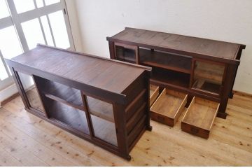 アンティーク家具　希少!古い商家の両面引き戸収納棚(ガラスケース)