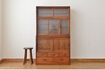 アンティーク家具　☆古いナラ材の作業台付きアンティーク食器棚