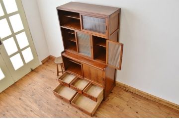 アンティーク家具　☆古いナラ材の作業台付きアンティーク食器棚
