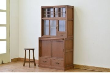 アンティーク家具　☆アンティーク　古いナラ材の作業台付き結霜ガラス食器棚