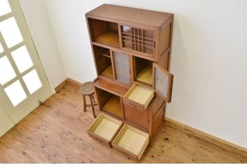 アンティーク家具　☆アンティーク　古いナラ材の作業台付き結霜ガラス食器棚