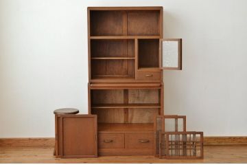 アンティーク家具　☆アンティーク　古いナラ材の作業台付き結霜ガラス食器棚
