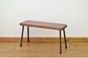 アンティーク家具　天板一枚板!古い木のシンプルなアイアンベンチ(長椅子)