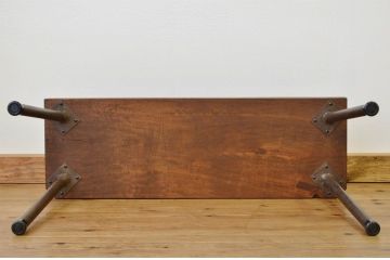 アンティーク家具　天板一枚板!古い木のシンプルなアイアンベンチ(長椅子)