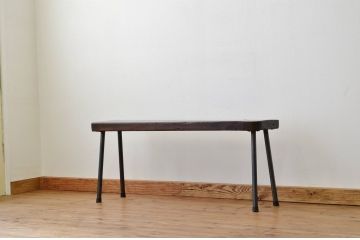アンティーク家具　重厚!古い木の鉄脚ベンチ1(アイアン、長イス、長椅子)
