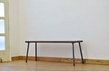アンティーク家具　古い木のシンプルな鉄脚ベンチ3(アイアン、長イス)