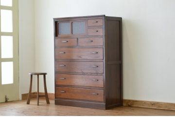 アンティーク家具　★前面欅!ダイヤガラスアンティークチェスト(箪笥)
