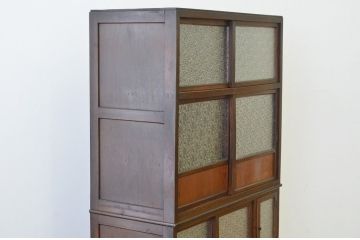 アンティーク家具　☆古い木の二段重ねダイヤガラス収納棚(食器棚)