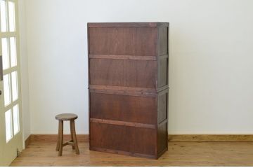 アンティーク家具　☆古い木の二段重ねダイヤガラス収納棚(食器棚)