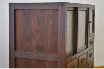アンティーク家具　古いナラ材のダイヤガラス収納棚(食器棚)