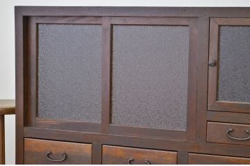 アンティーク家具　古いナラ材のダイヤガラス収納棚(食器棚)