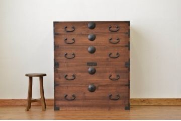 アンティーク家具　☆アンティーク三方桐五丁引き箪笥上下セット(古民具・骨董、桐箪笥、桐たんす)