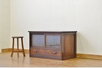 アンティーク家具　古い木の結霜ガラスローボード