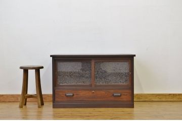 アンティーク家具　古い木の結霜ガラスローボード