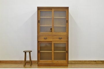 レトロ家具　☆昭和レトロ　ナラ材のモールガラス二段重ね収納棚(食器棚)