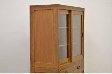 レトロ家具　☆昭和レトロ　ナラ材のモールガラス二段重ね収納棚(食器棚)